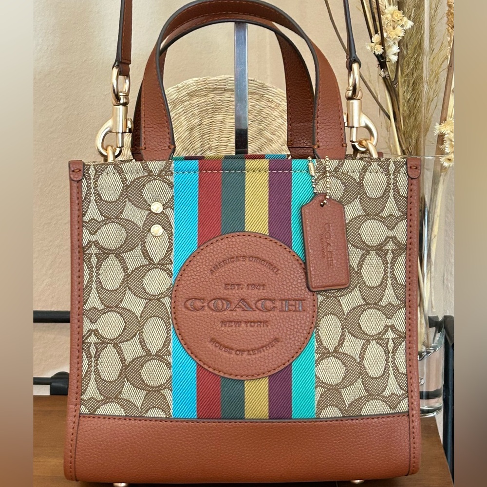 COACH Dempsey 22 Signature C Jacquard & Pebble Leather Tote w/Crossbody Strap